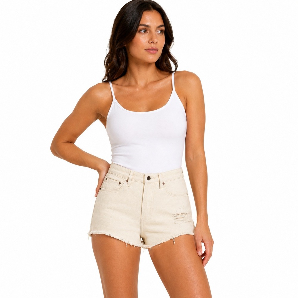 Levi's 501 Premium Denim Shorts Women 31 Cream White Distressed RawHem ButtonFly